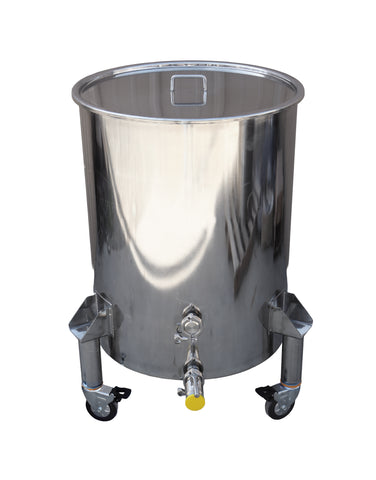 Stainless steel receiving vessel with a Valve on a white background