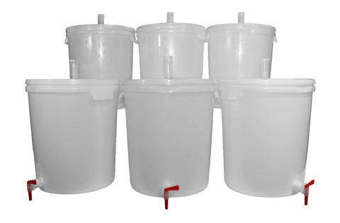Eight Gallon Plastic Fermenter Bucket With Lid, Airlock, Thermometer, And Spigot (Package of Six)